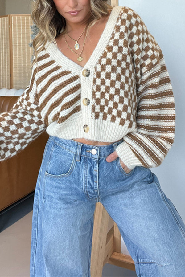 Drune | gestreifte leichte Strickjacke mit Karomuster