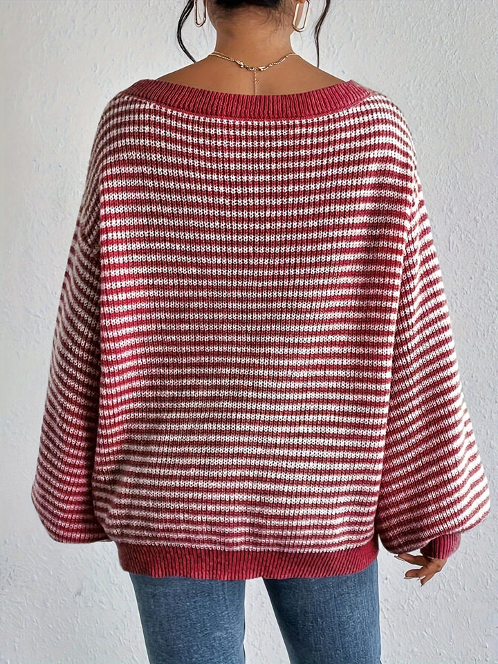 Drune |  Schulterfreier Baumwollpullover mit Streifen, elastischem Stoff und Rundhalsausschnitt Pullover Damen - Ideal für Frühling
