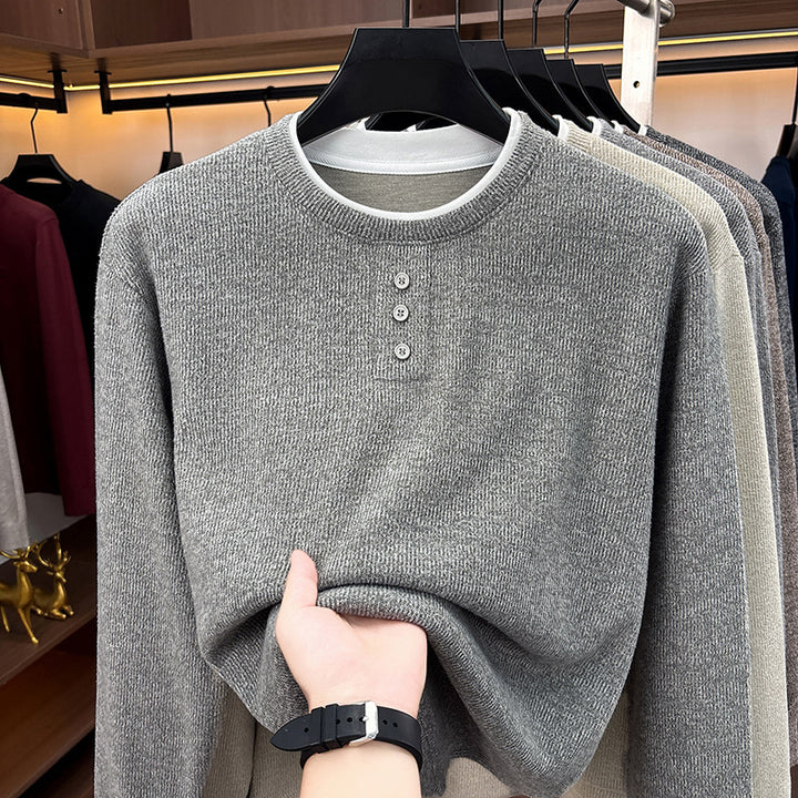 Herren-Strickpullover, Rundhalsausschnitt, Langarm, Fake-Layer-Optik