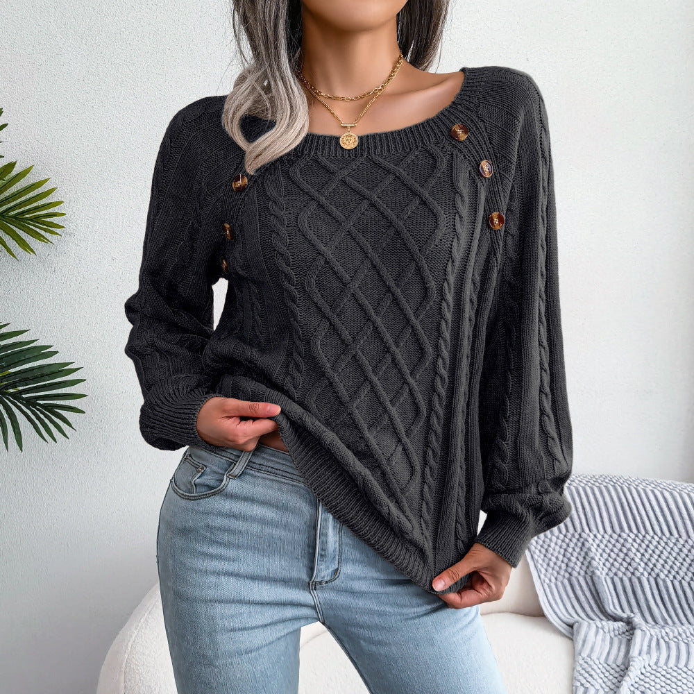 Drune | Süßer Pullover mit Quadrat-Ausschnitt und gedrehten Knöpfen