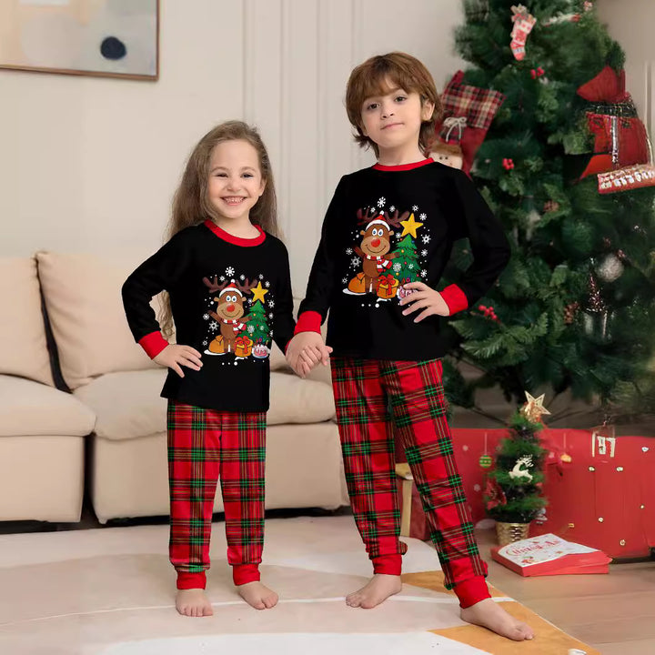 Weihnachts-Familien-Schlafanzug, Rentier- und Karomuster