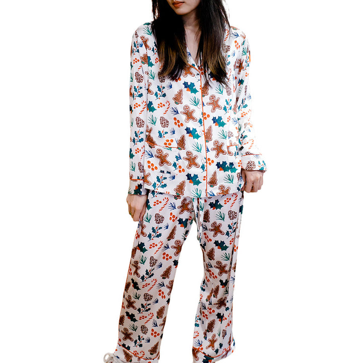 Damen-Pyjama-Set, Seidenoptik, Langarm, Weihnachtsmotiv