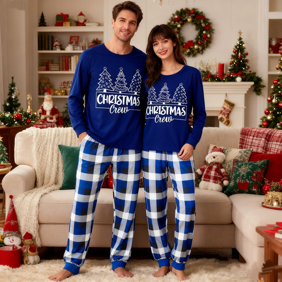 Drune | "Christmas Crew" und Bäume Blau Lange Ärmel mit Blau Karierte Paar passende Pyjamas
