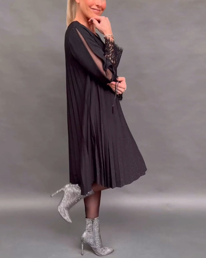 Drune | Einfarbiges Plissiertes Patchwork Spitzenkleid