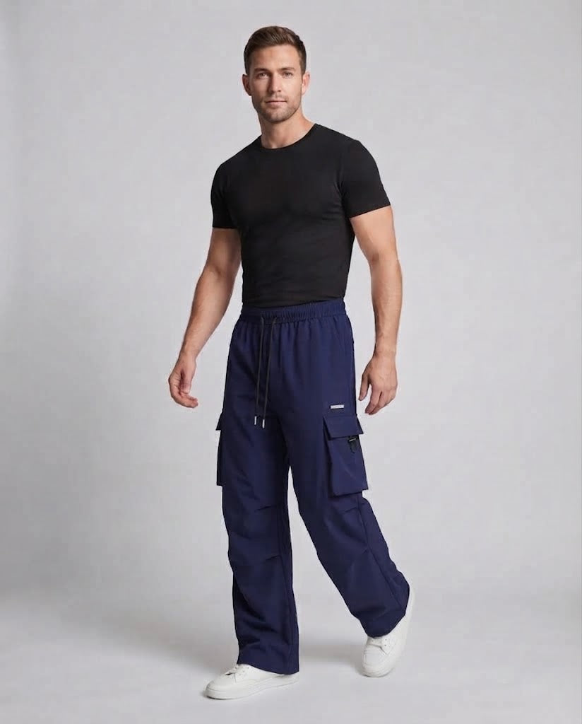 Herren Freizeit Cargo-Baggy-Hosen mit Kordelzug, multifunktionale Taschen und geradem Bein drune