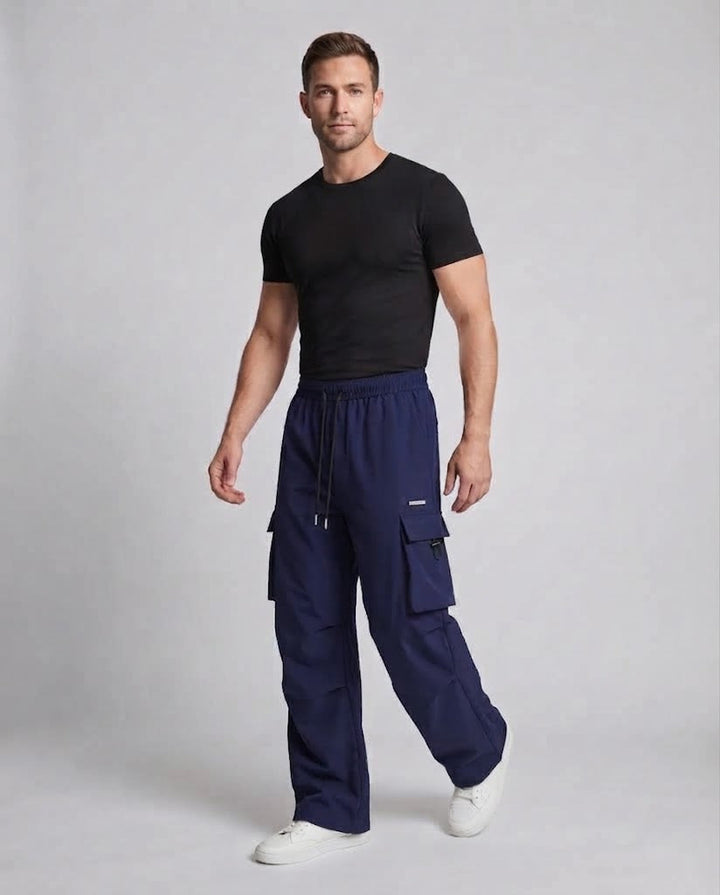 Herren Freizeit Cargo-Baggy-Hosen mit Kordelzug, multifunktionale Taschen und geradem Bein drune