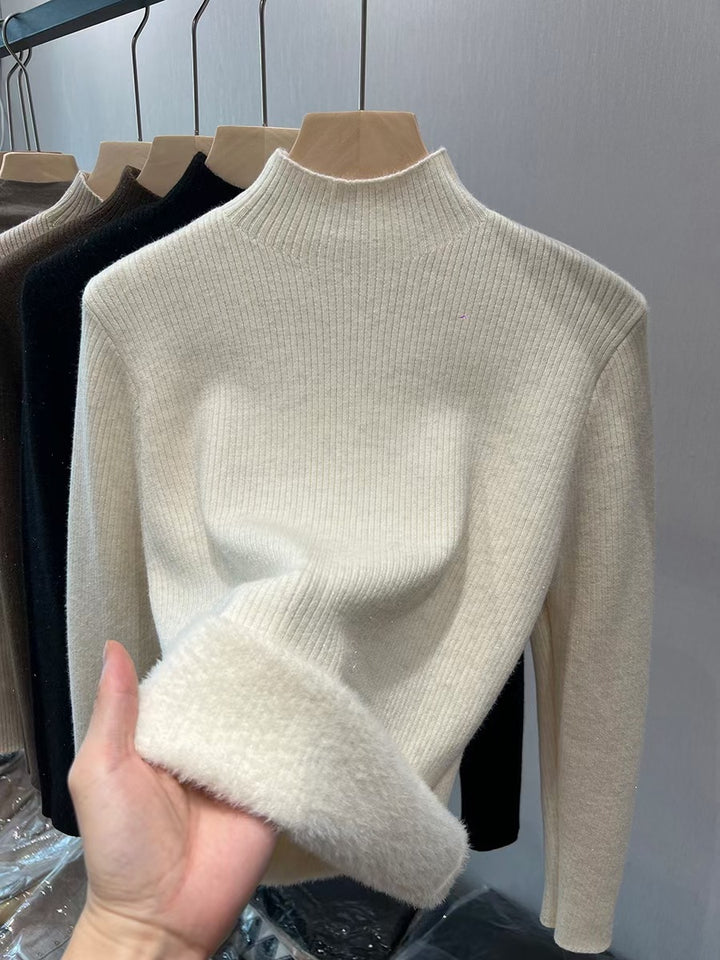 Damen-Strickpullover, gefüttert, Stehkragen, warm