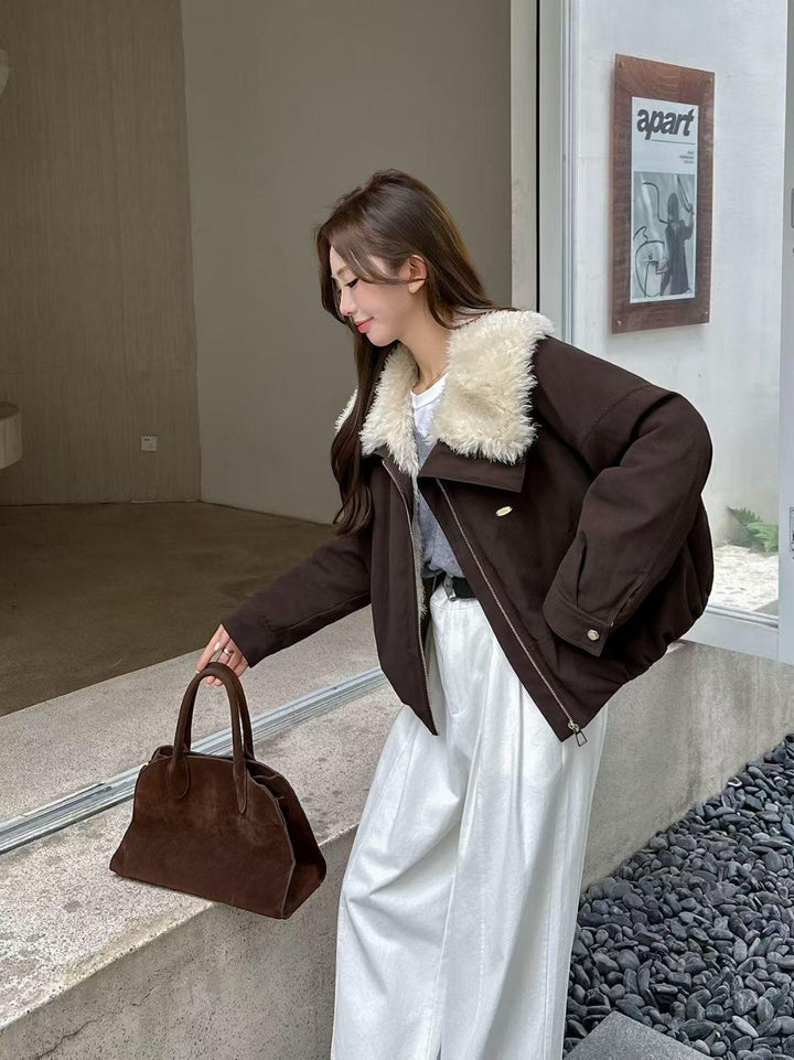 Damen-Mantel, Wildleder-Optik, Plüsch-Revers, gefüttert