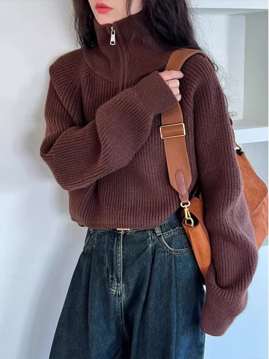 Amerikanischer Retro-Strickpullover mit halbem Reißverschluss