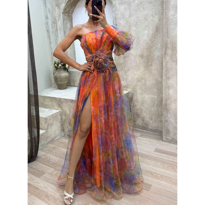 Drune | Long party dress with off-the-shoulder, split print.