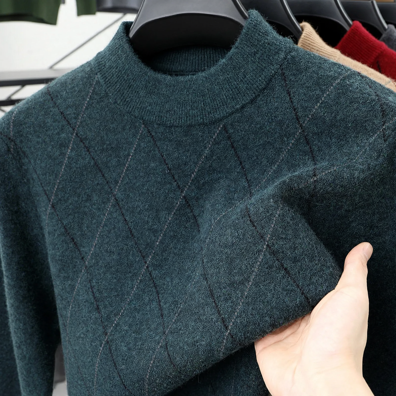 Herren-Wollpullover, kariert, Stehkragen, extra warm