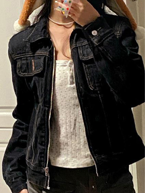 Drune | schwarze Denim Reverskragen Reißverschluss kurze Jacke