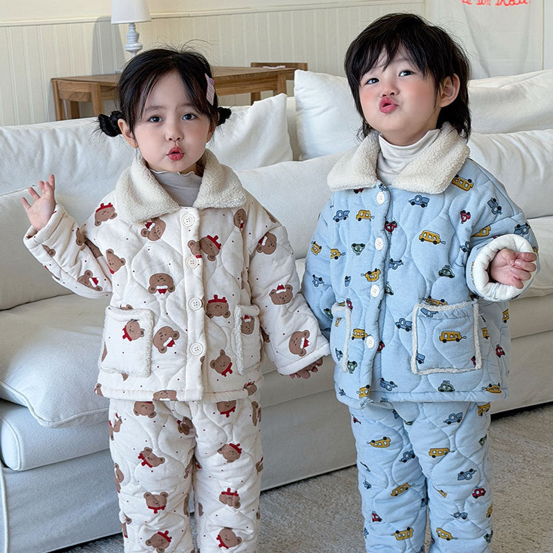 Gefüttertes Kinder-Pyjama-Set, 3-lagig, warm für den Winter