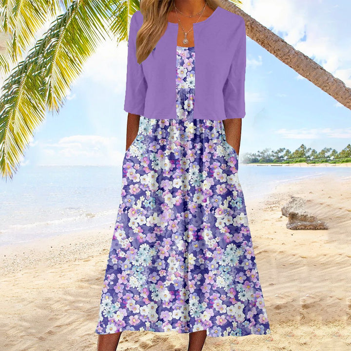 Drune | Glamouröses Lilafarbenes Midikleid Mit Blumendruck Und Jacke