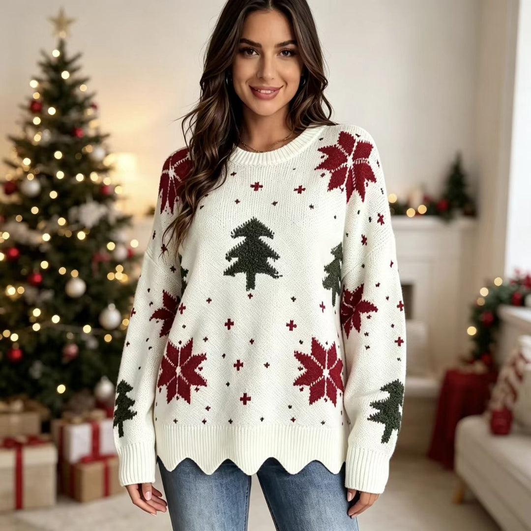 Damen-Strickpullover mit Rundhalsausschnitt und Blumenmuster