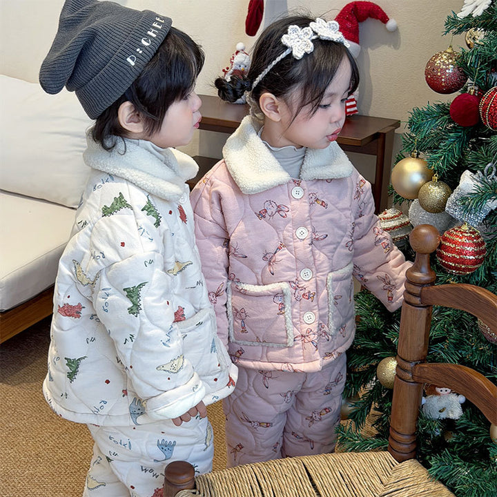 Gefüttertes Kinder-Pyjama-Set, 3-lagig, warm für den Winter