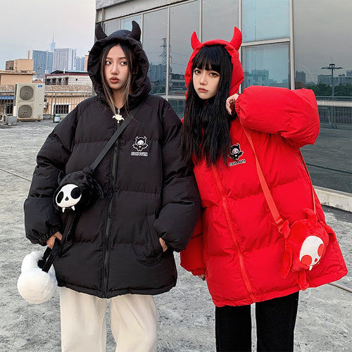 Oversize Damen-Steppjacke mit Kapuze und Cartoon-Motiv