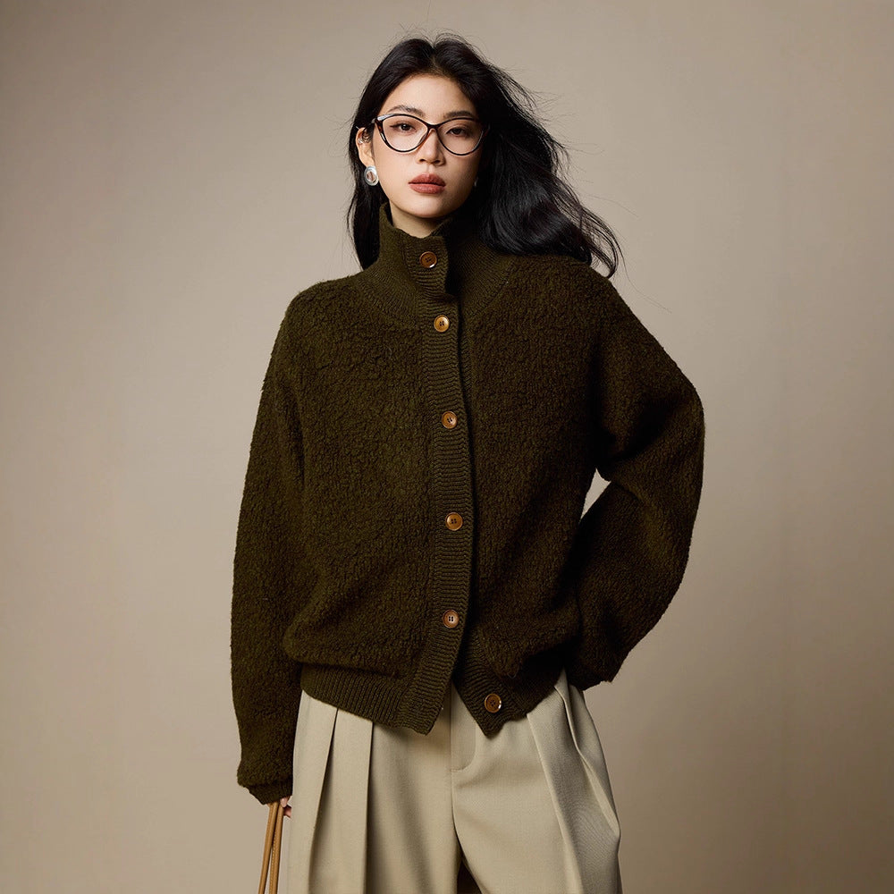 Damen-Strickjacke aus Wolle, hochgeschlossen