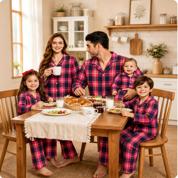 Familien-Schlafanzug-Set, kariert, Langarm, mit Revers
