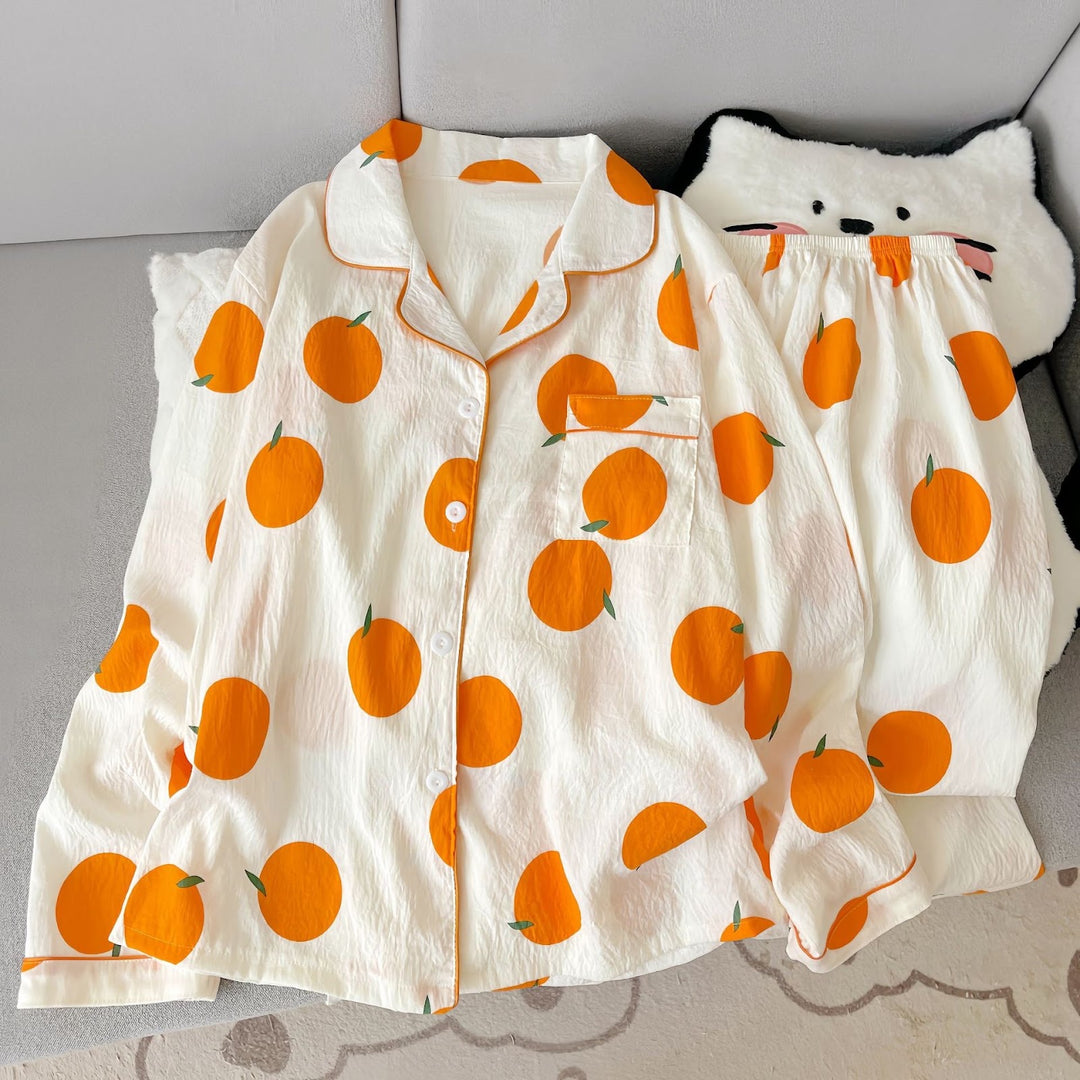 Damen-Pyjama-Set, langärmelig, mit Knopfleiste, Cartoon-Stil