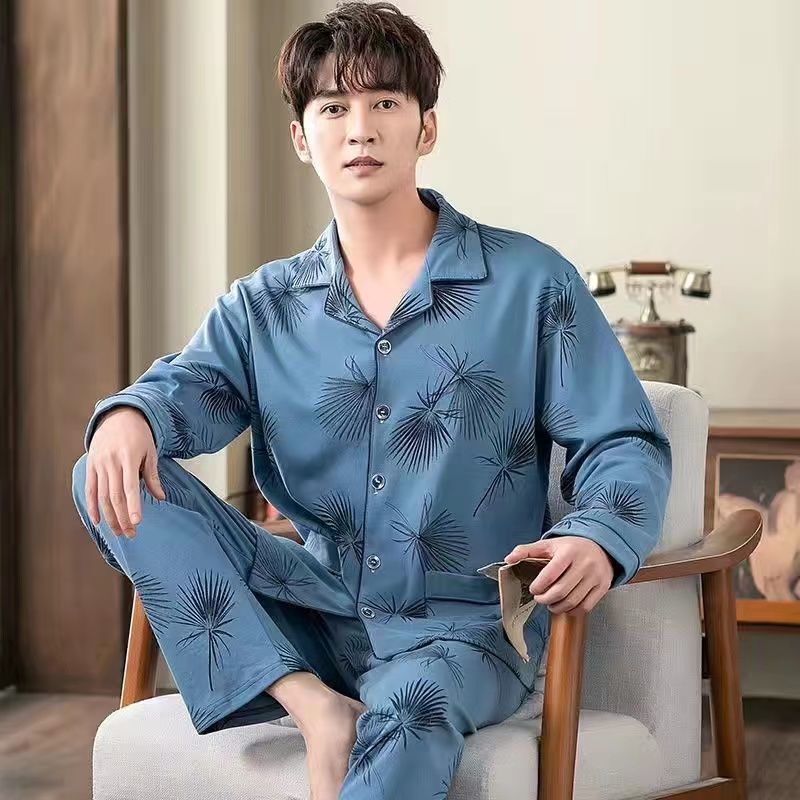 Herren-Pyjama-Set, 100% Baumwolle, langärmelig, geknöpft