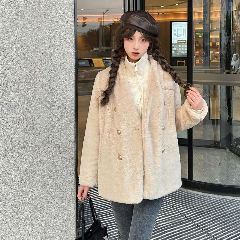 Damen-Plüschjacke mit V-Ausschnitt, warm und winddicht