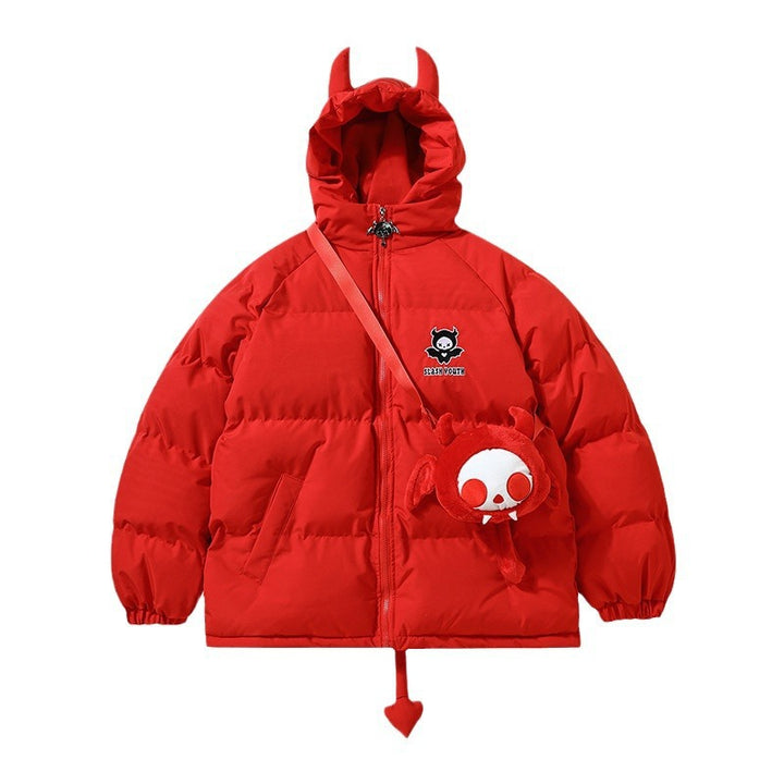 Oversize Damen-Steppjacke mit Kapuze und Cartoon-Motiv