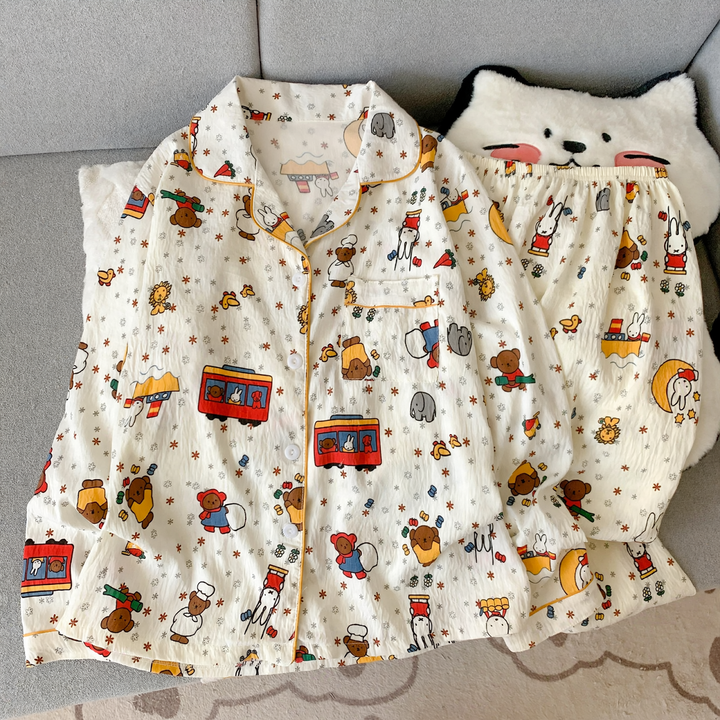 Damen-Pyjama-Set, langärmelig, mit Knopfleiste, Cartoon-Stil