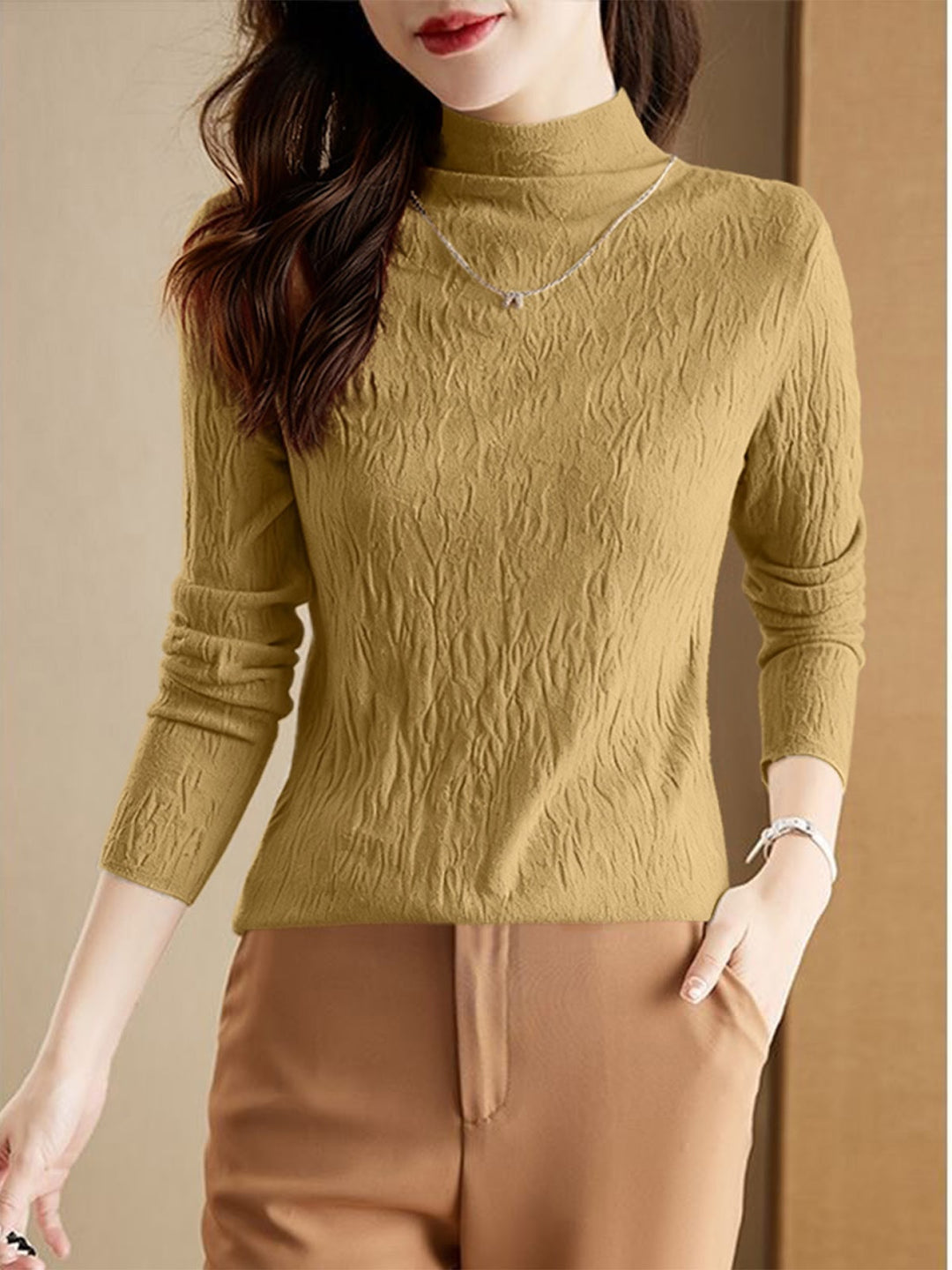 Damen-Wollpullover mit Stehkragen, strukturiert