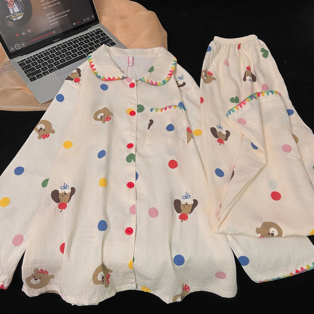 Damen-Pyjama-Set, Baumwolle, Reverskragen, Langarm