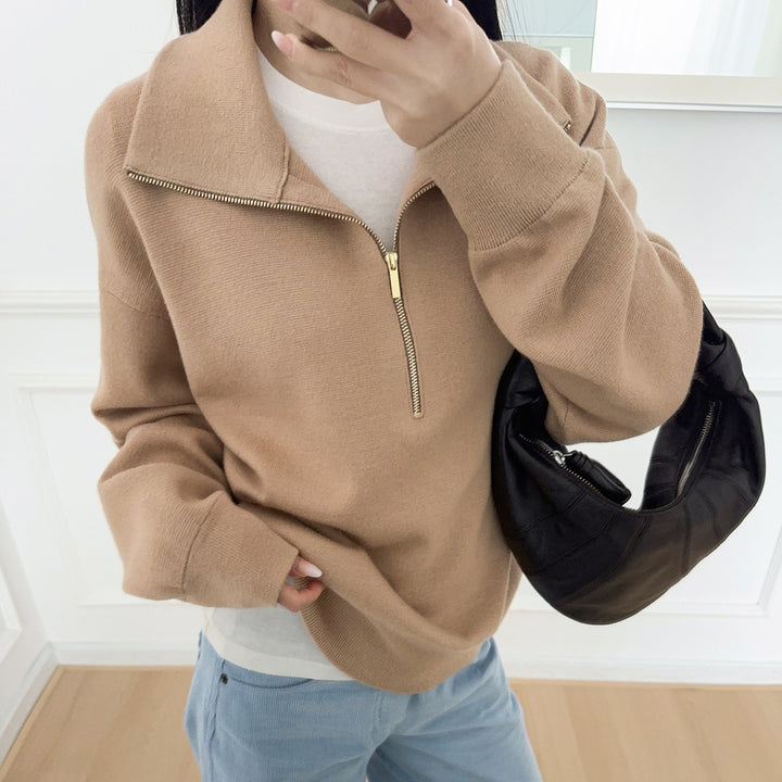 Damen-Strickpullover mit Reißverschluss und Stehkragen