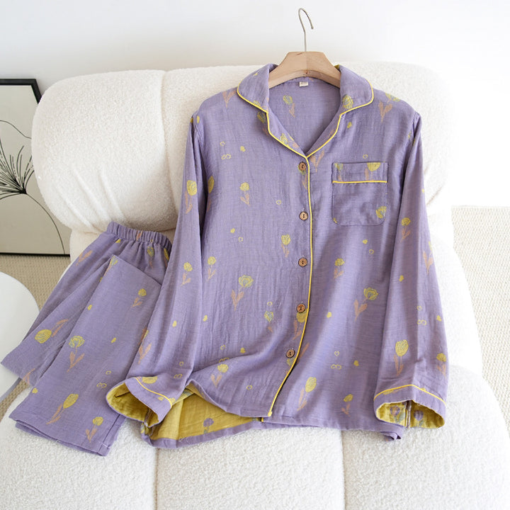 Damen-Pyjama-Set aus Baumwoll-Doppelgaze mit Revers