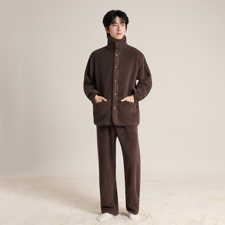 Warmer Korallenfleece-Schlafanzug mit Revers für Paare