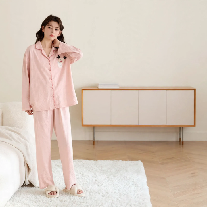 Damen-Pyjama-Set, Langarm, Baumwolle, Knopfleiste