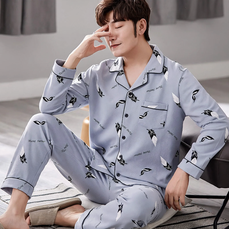 Herren-Pyjama-Set, 100% Baumwolle, langärmelig, geknöpft