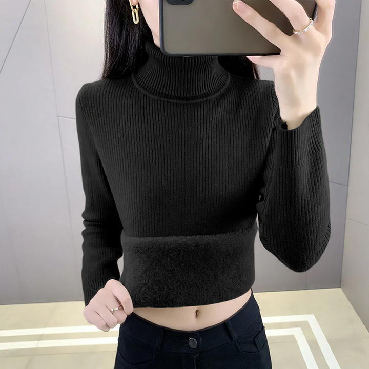Gerippter Damen-Rollkragenpullover, gefüttert