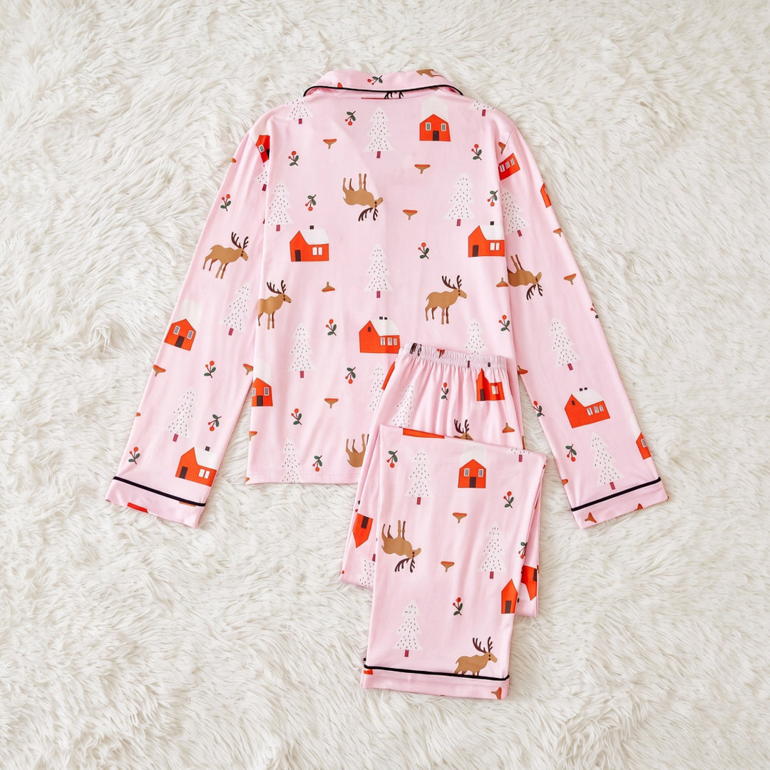 Damen-Pyjama-Set, langärmelig, mit Reverskragen und Weihnachtsmotiven