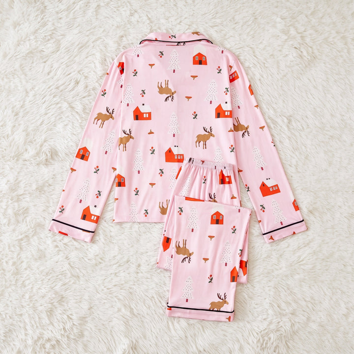 Damen-Pyjama-Set, langärmelig, mit Reverskragen und Weihnachtsmotiven