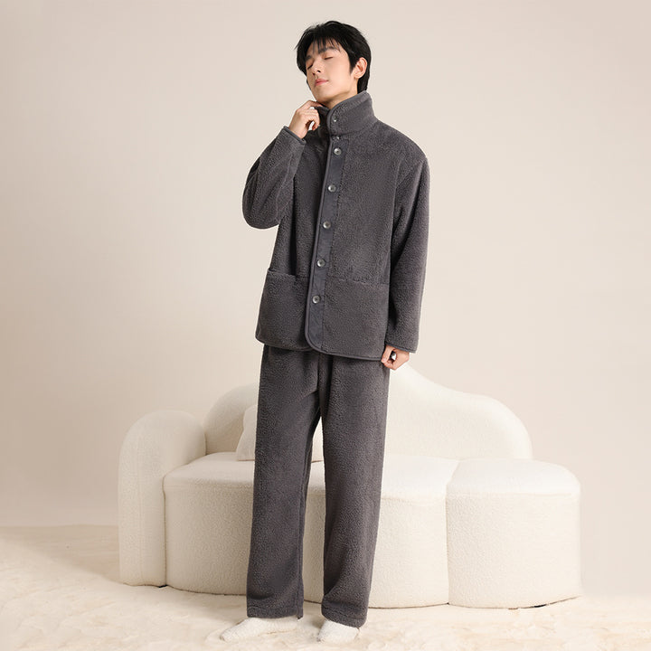 Warmer Korallenfleece-Schlafanzug mit Revers für Paare