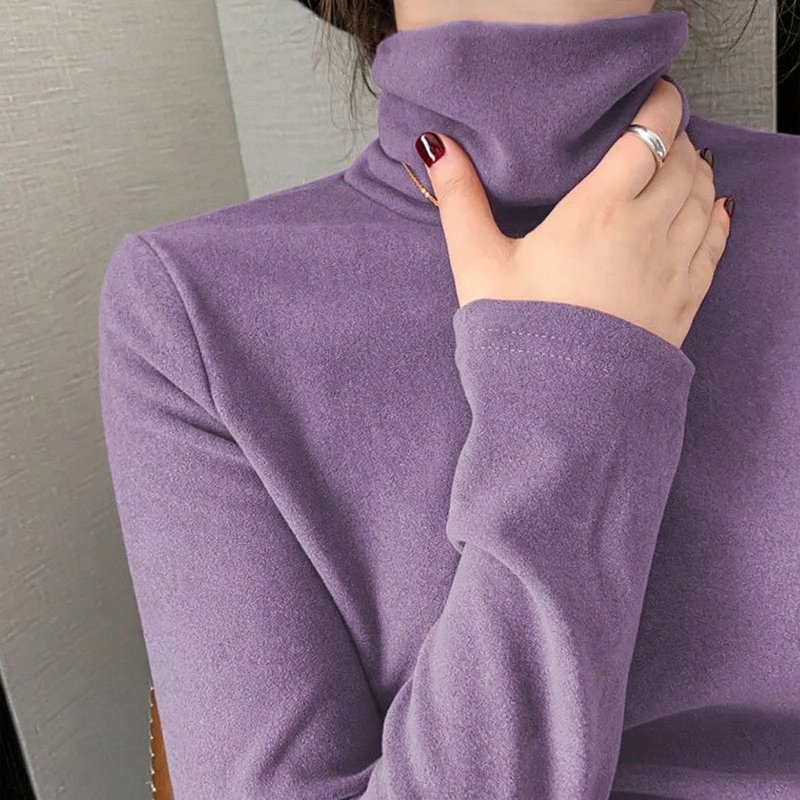 Damen-Rollkragen-Langarmshirt mit doppelseitigem Fleece