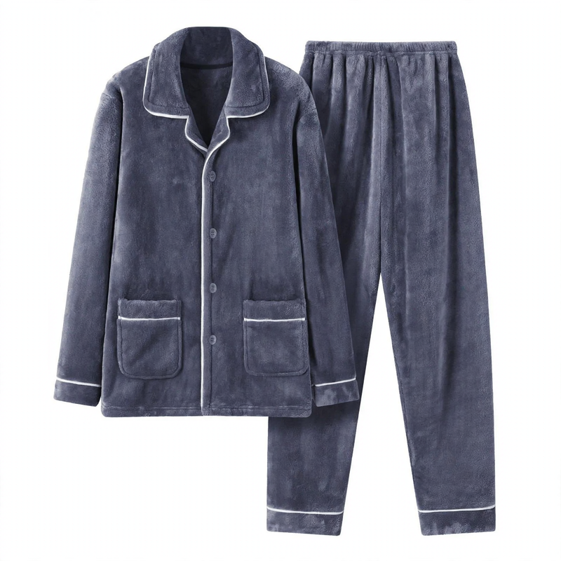 Herren-Pyjama-Set aus Flanell, bestickt, schlicht