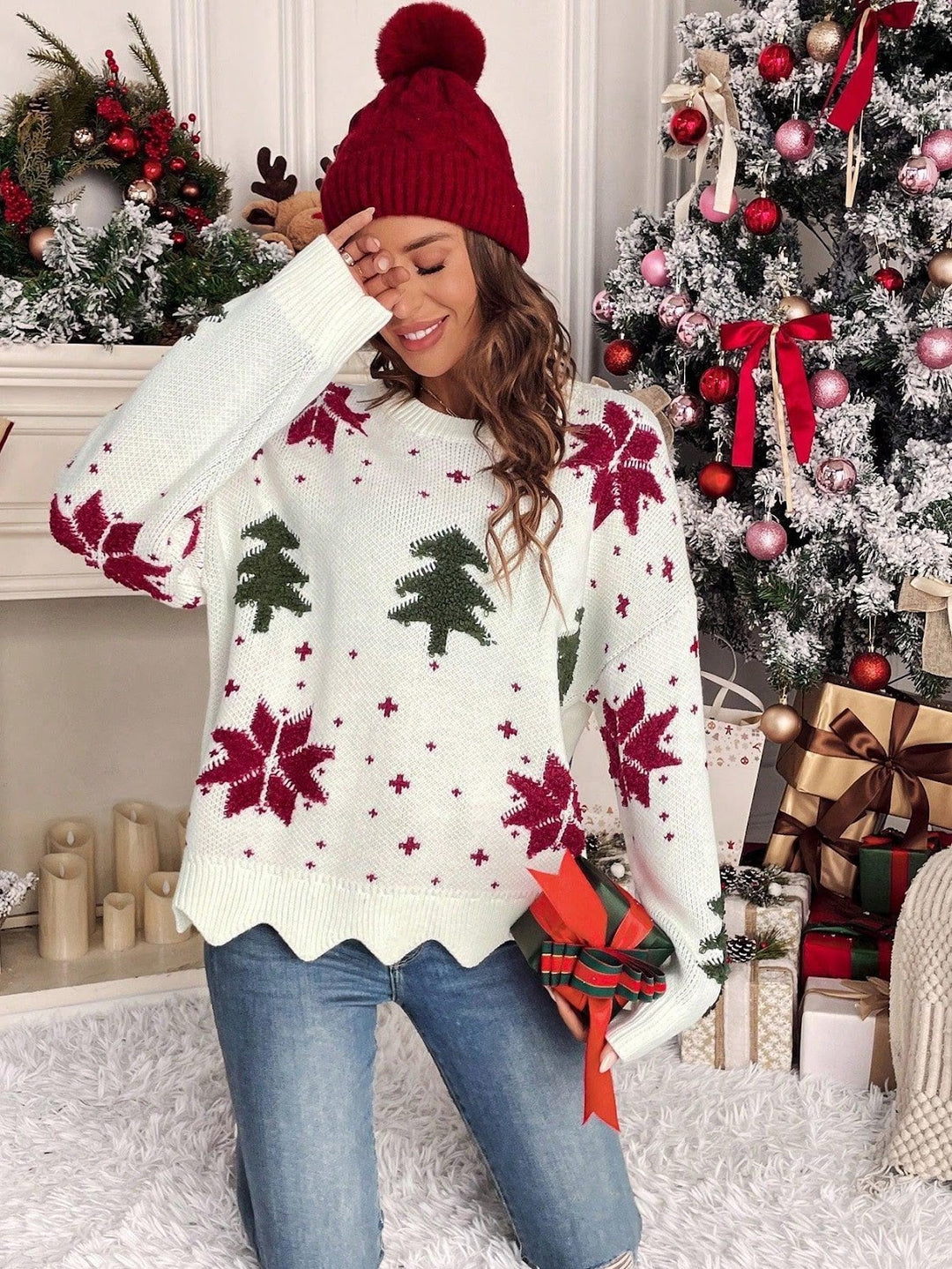 Damen-Strickpullover mit Rundhalsausschnitt und Blumenmuster