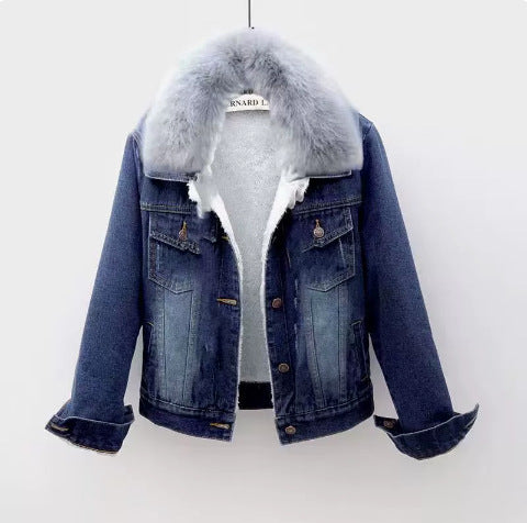 Gefütterte Damen-Jeansjacke mit Fellkragen, kurz