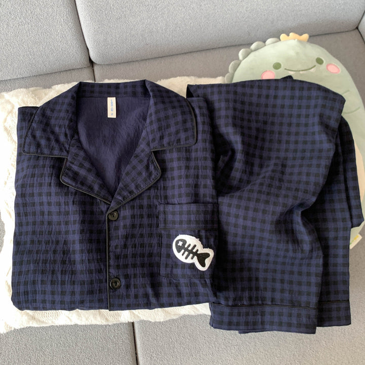 Herren-Pyjama-Set, Baumwoll-Musselin, Langarm, kariert