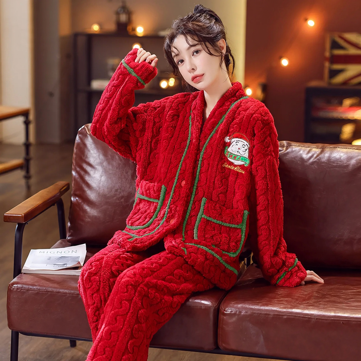 Damen-Weihnachtsschlafanzug, Flanell, V-Ausschnitt