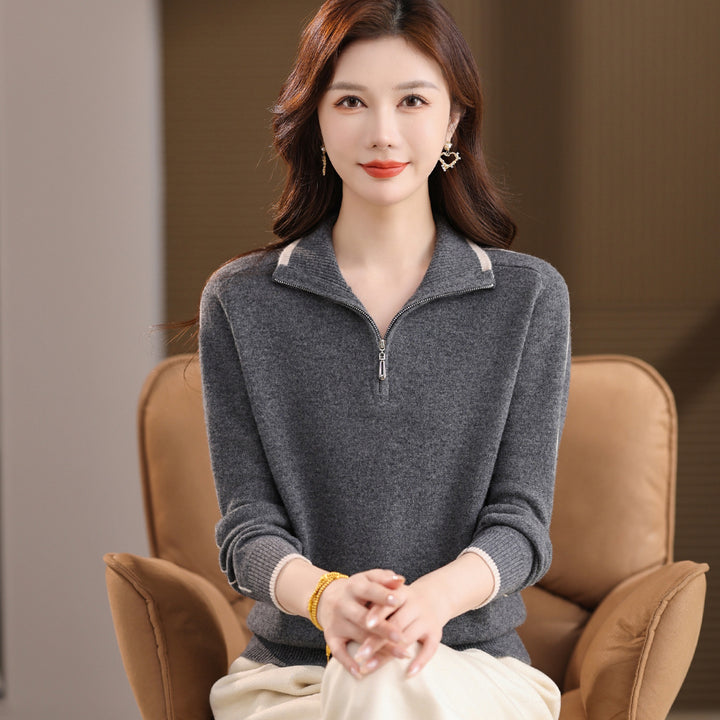 Damen-Polo-Strickpullover mit Reißverschluss