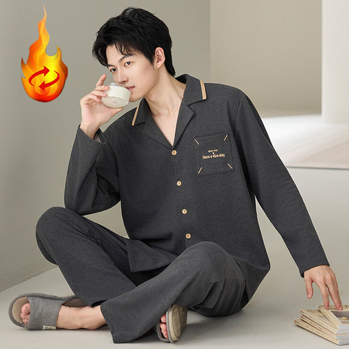 Herren-Pyjama-Set, Seide und Wolle, Langarm, mit Revers