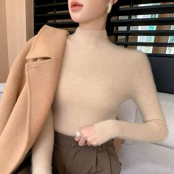 Damen-Woll-Strickpullover, Stehkragen, schmal geschnitten