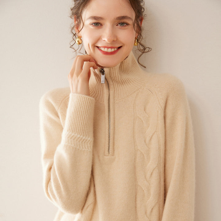 Damen-Kaschmirpullover mit Stehkragen und Reißverschluss