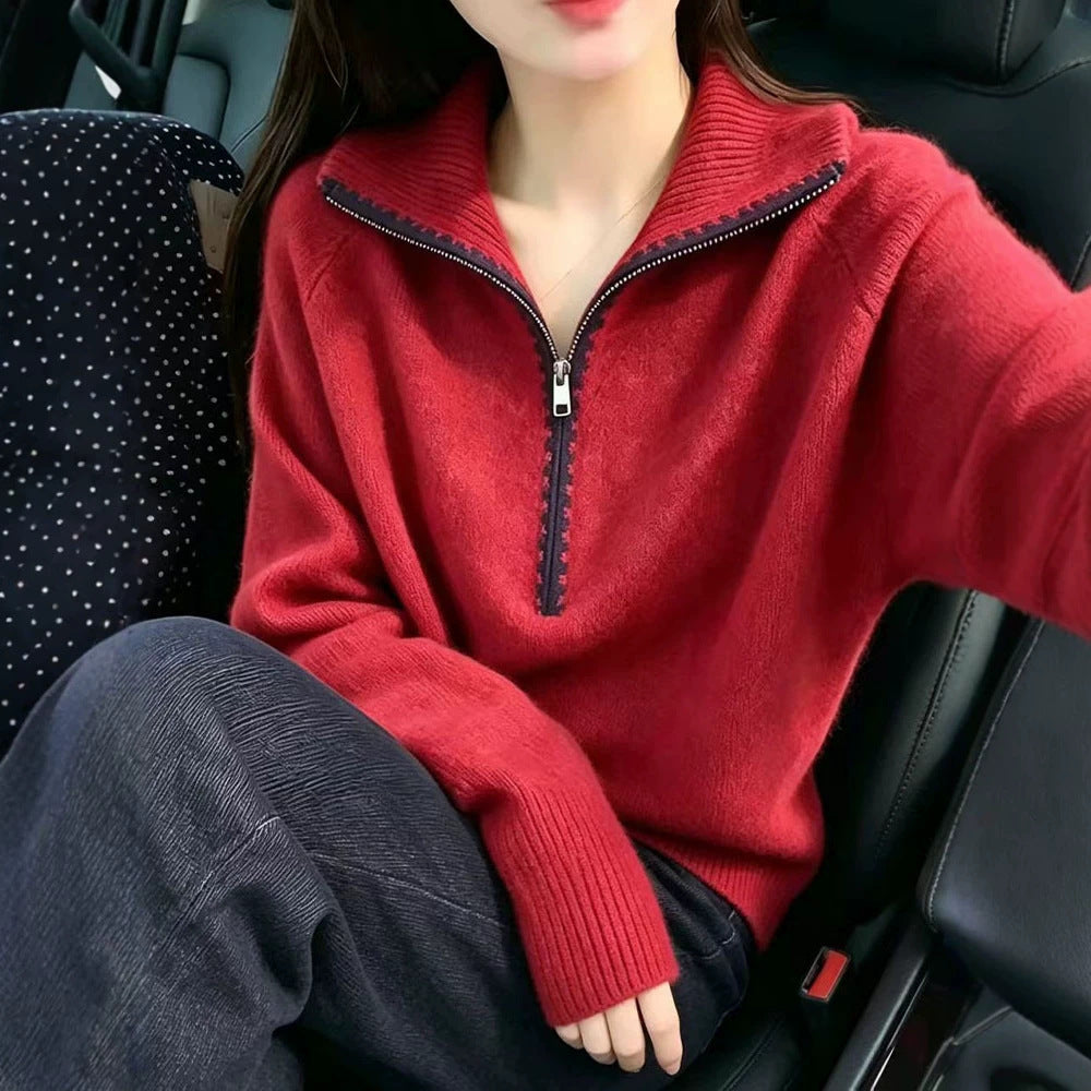 Lockerer Strickpullover mit Reißverschluss und Umlegekragen